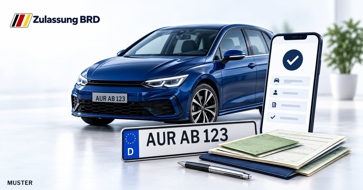 Online Fahrzeugzulassung in Großefehn: Musterkennzeichen AUR AB 123, Auto und Fahrzeugpapiere und Smartphone. Illustration mit Logo von Zulassung BRD.